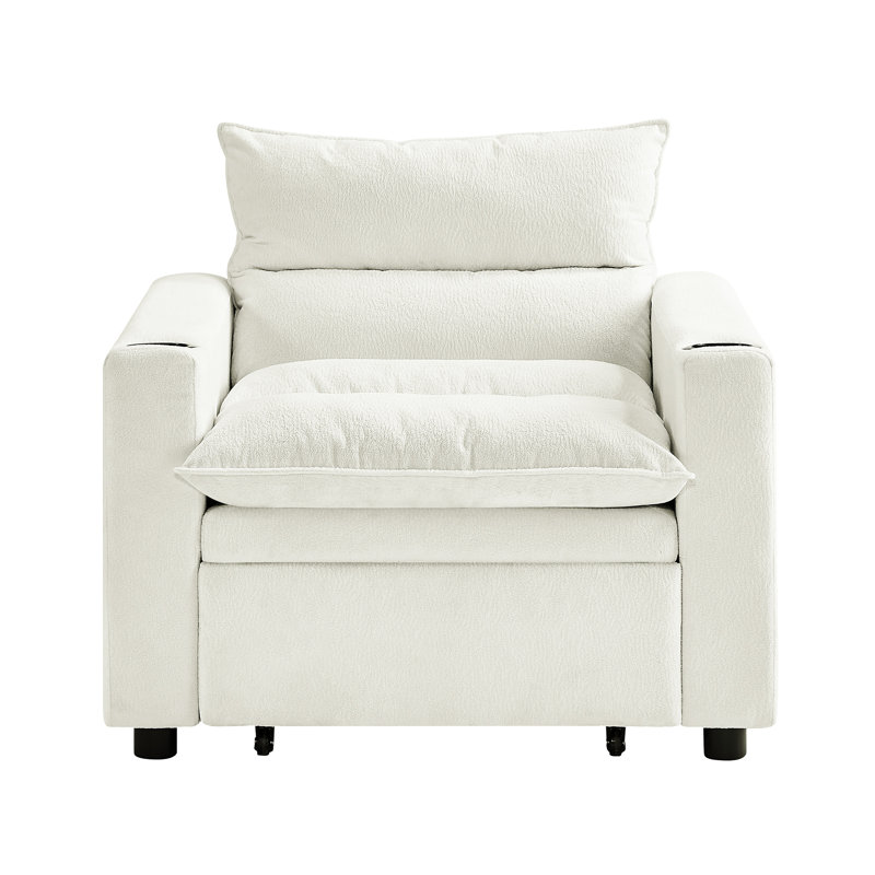 Beige Modern Sleeper Chair Bed, 31 Convertible With Fabric For Small Space, Comfortable Material, Frame Living Room, Adjustable , Cup Holder
