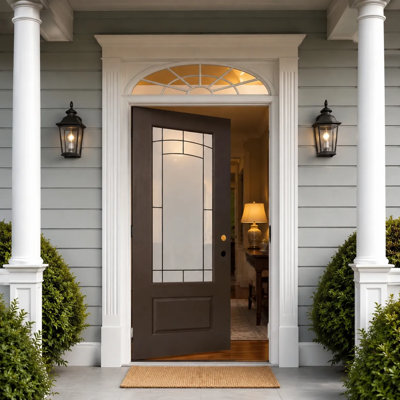 Fiberglass Entry Door Slab With Decorative Glass, Brown Mahogany Finish, Prepped For Hardware，Left Hand
