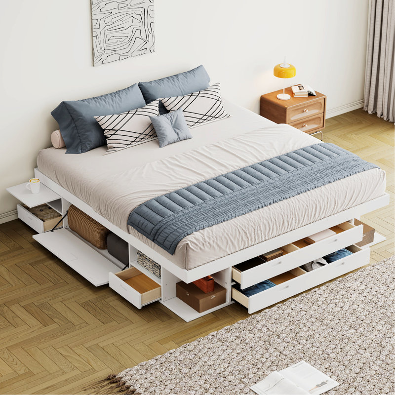 Base de lit plateforme de rangement avec plusieurs tiroirs et tablettes, Blanc, Très grand