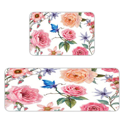 Peach & Pink Rose, Kitchen Mats Set Of 2