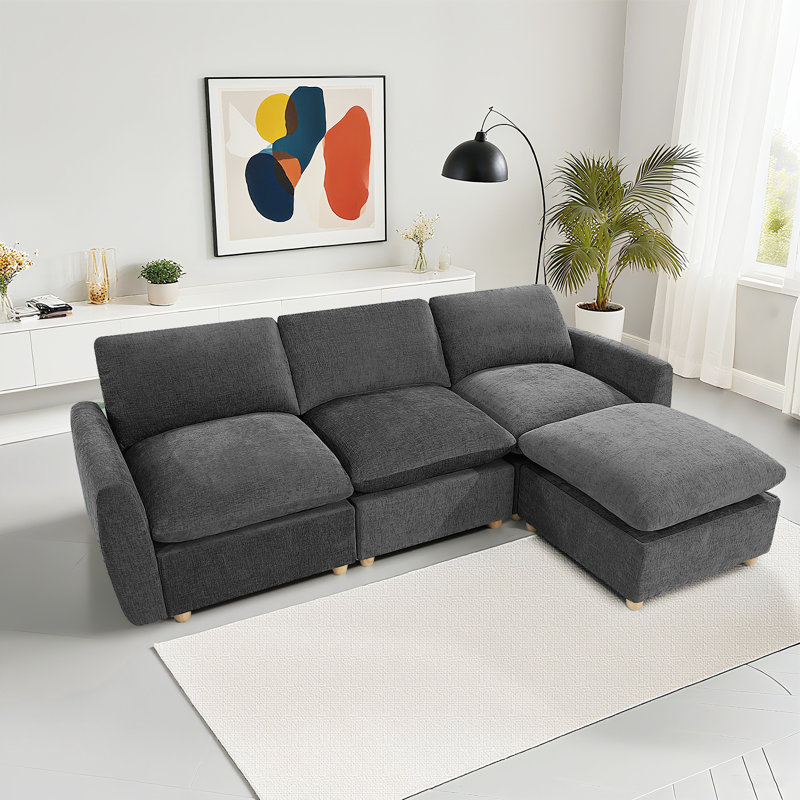 100" Chenille Sectional Couch With Two Ottomans, Gray Chenille