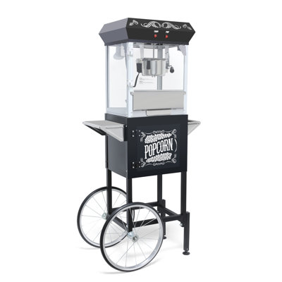 Machine à maïs soufflé 10 oz avec chariot, bouilloire en acier inoxydable 10 oz et lumière chauffante, peut contenir jusqu'à 48 tasses, idéale pour les réunions de famille, les salles de cinéma et les parcs d'attractions, noir