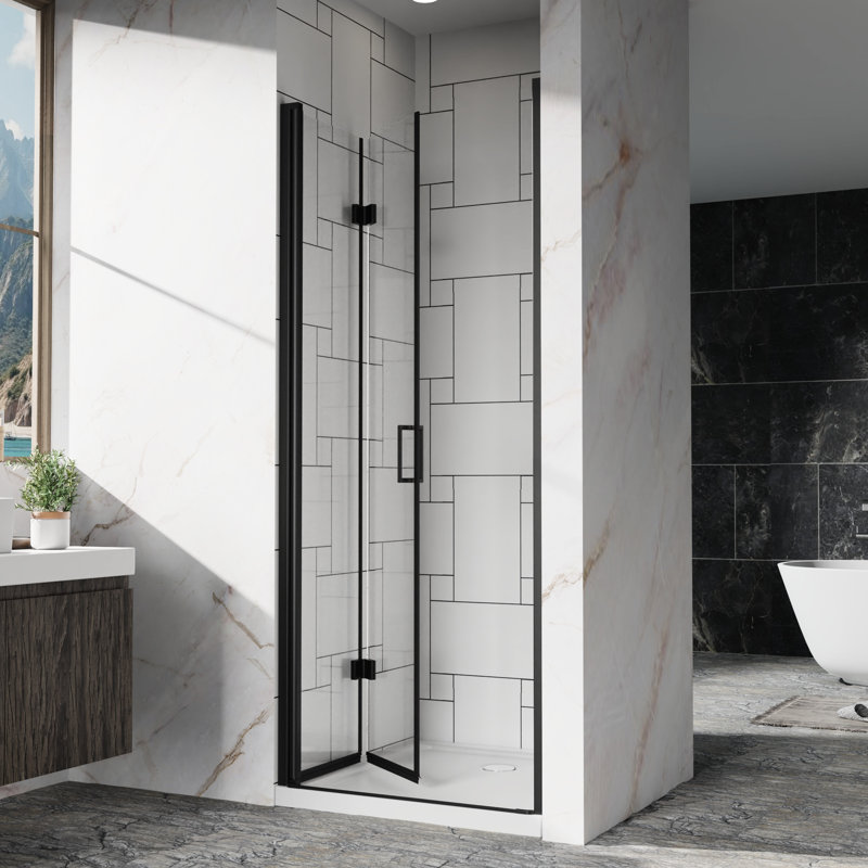 Porte de douche pivotante à panneau pivotant de 32 à 33,2 po de largeur, verre trempé de 6 mm, finition noire, installation réversible, pivot pivotant à 180 °, charnières pliantes bi, bandes d'étanchéité magnétiques pour le nettoyage à sec