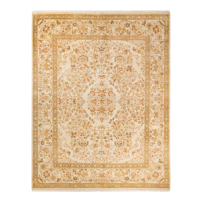 Tapis ivoire noué à la main de conception unique 8 pi 2 po x 10 pi 4 po Hillengas Mogul