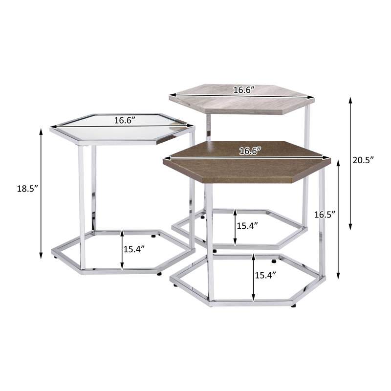 Nesting Table Set, Clear Glass, Taupe, Grey Washed & Chrome Finish