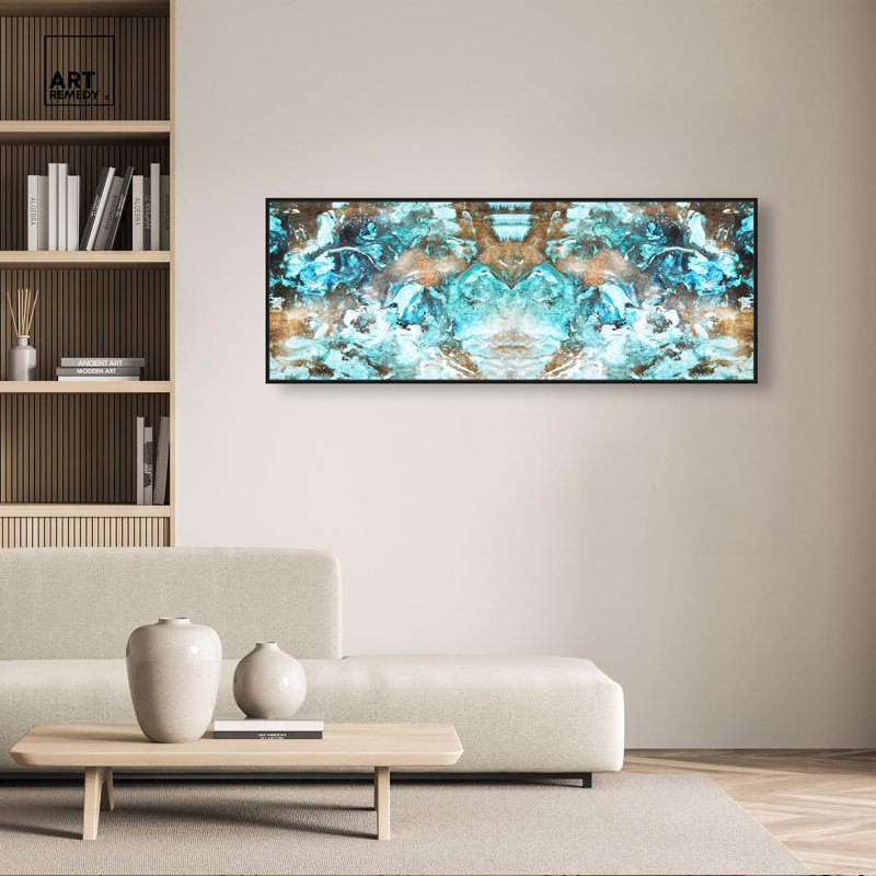 Décoration murale abstraite sur toile Blazing Blue Gold par Art Remedy, H 21 po x l 55 po, Cadre flottant noir