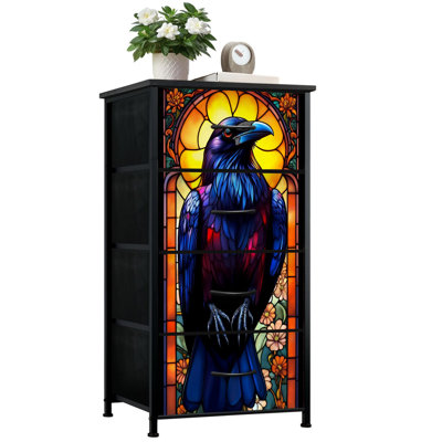 Commode pour la chambre à coucher avec 4 tiroirs de rangement Commodes en verre teinté à motif géométrique Raven Feathers