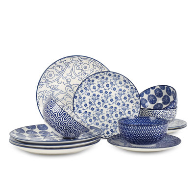 Services de vaisselle en céramique, assiettes et bols 12 pièces, vaisselle résistante aux rayures pour 4 personnes, va au lave-vaisselle et au micro-ondes, bleu rétro