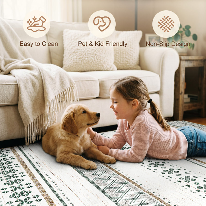 Geometric Pattern Non-Slip Area Rug, Machine Washable Soft Polyester Floor Mat for Home Decor, Rectangle 8'x10', Green