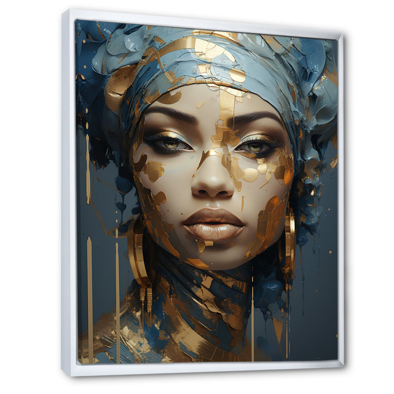 «Blue and Gold African Woman Portrait», art africain sur toile, H 20 po x l 12 po, Reproduction avec cadre flottant, White