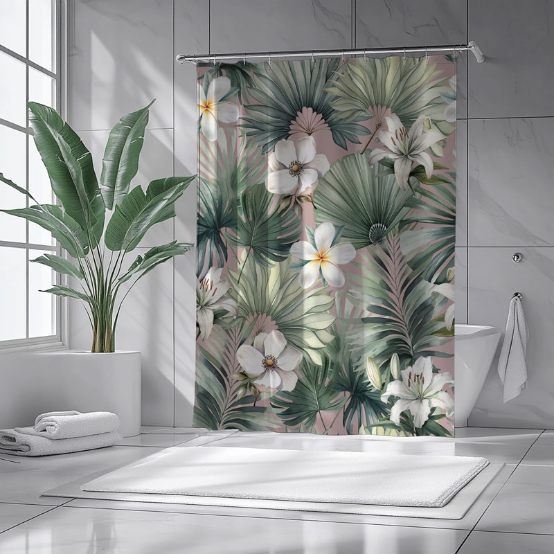 Rideau de douche Plumeria, Blanc / motif floral vert, H 72 po x l 71 po
