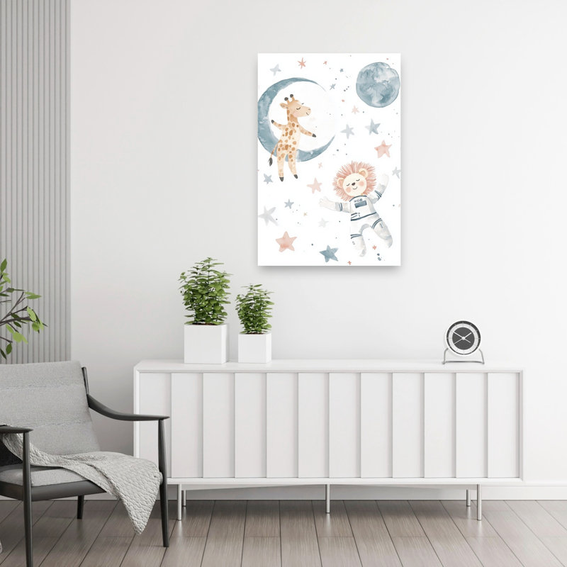 «Whimsical Space Animals Dreamy Playful Whimsical Giraffe Lion Landscape Nature», reproduction d'art mural, H 36 po x l 24 po