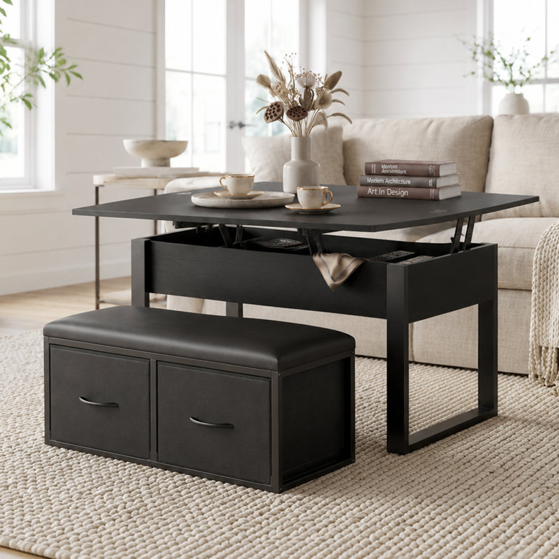 Table basse Lorenzo 31,5'' avec plateau relevable et banc de rangement, Noir
