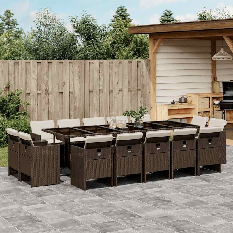 Garden Dining Set with Cushions Poly Rattan, 15 Pieces: Table, 14 Chairs, Cream White, Brown