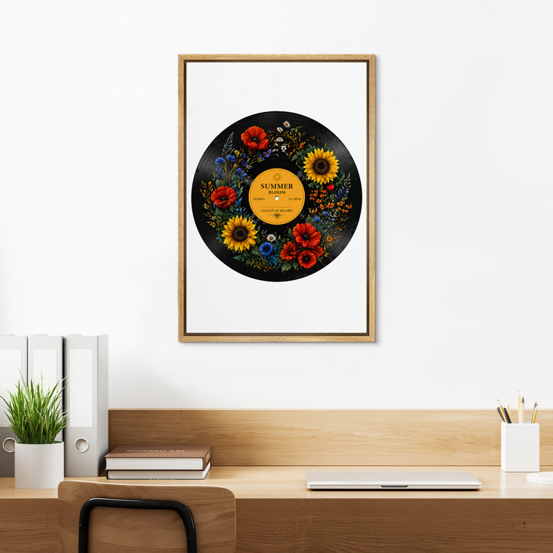 Été, disque vinyle avec décoration florale, impression sur toile, Natural, 36" H x 24" W