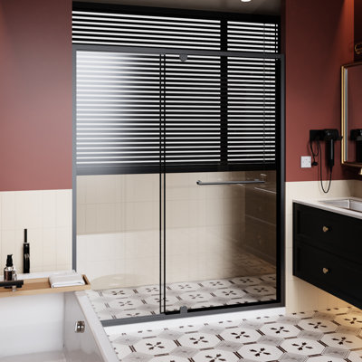 60 In Wide 72 Tall Pivot Shower Door, 1/4 Inch Thick Clear Tempered Glass, Black Aluminum Frame, Corrosion - Silent Closing Magnetic Seal By Stainless Steel Handle, For Closing, Reversible