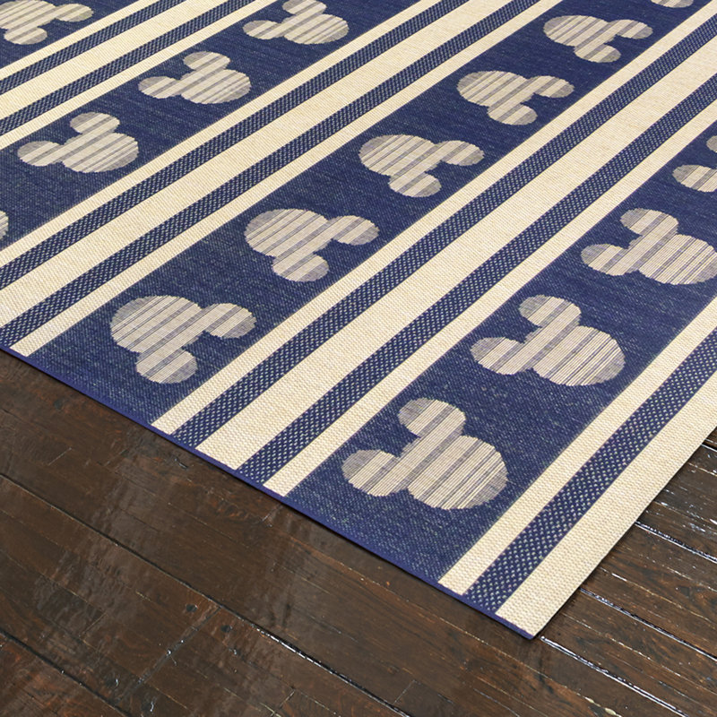 Tapis d'intérieur / d'extérieur en polypropylène tissé à plat à motif moderne bleu marine / beige Disney Mickey Mouse Studio Mouseline