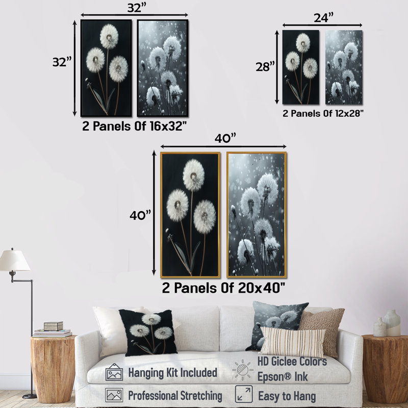 Élégant ensemble de 2 pièces de pissenlit monochrome noir et blanc I, H 32 po x l 32 po, Impression encadrée