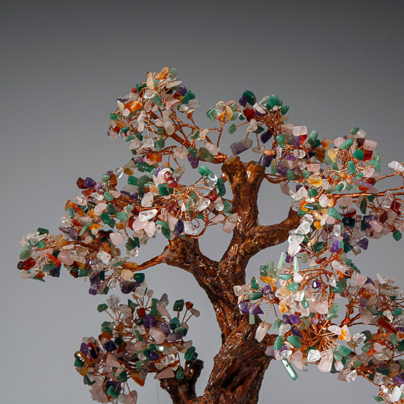 Genuine Multi Gemstone Bonsai Tree in Oval Porcelain Pot (14")