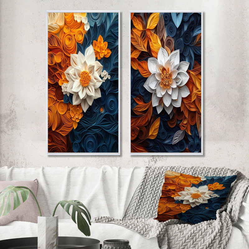 «White Floral Botanical Whirlwind I - Botanicals Wall Art», ensemble de 2 pièces, H 28 po x l 24 po, Impression encadrée
