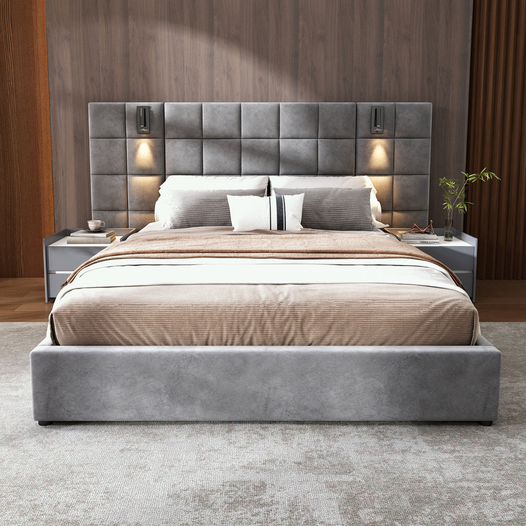 Sandris Velvet Upholstered Platform Bed with LED Reading Lamps Ivy Bronx 