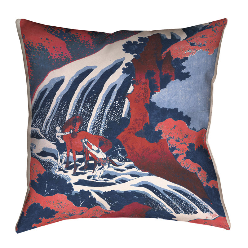 Housse de coussin Katsushika Hokusai, 14 po x 14 po, Rouge / Bleu