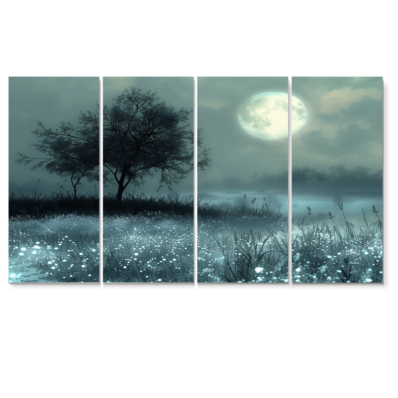 Hiver, gris, blanc, clair de lune, arbre I - ensemble d'art mural fées, H 32 po x l 64 po