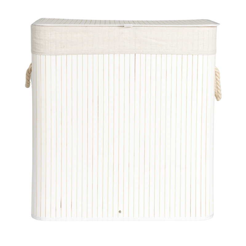 White Bamboo Laundry Hamper with Rope Handles and Lid