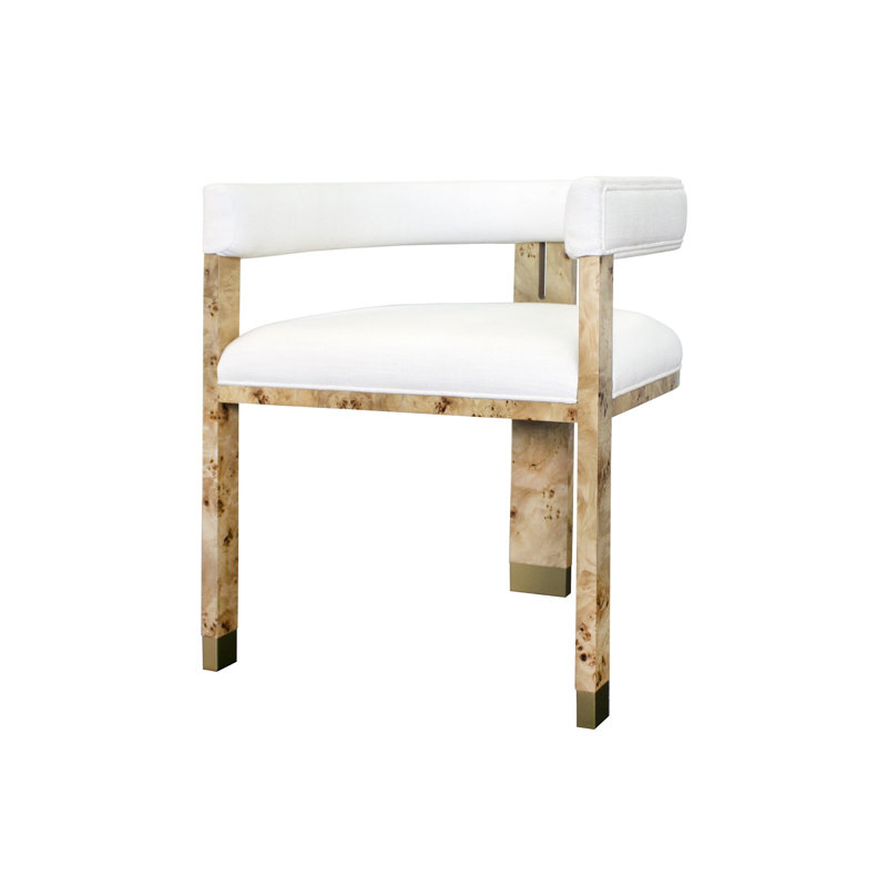 White Linen Upholstered Armchair with Burl Wood Frame