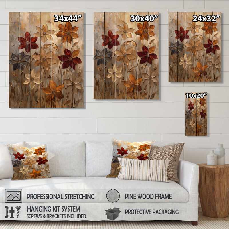 Fantasy Dahlia Flower Field I - Dahlia Wood Wall Decor - On Natural Pine Wood, 20" H x 10" W x 0.78" D