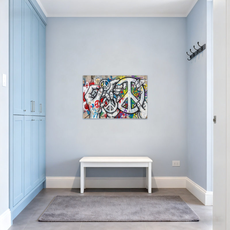 Mains à la mode formant des signes de paix avec fond graffiti coloré, H 20 po x l 30 po