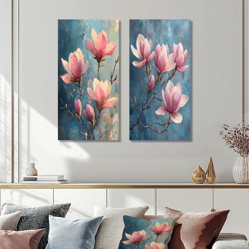 Magnolia en fleurs dans de doux pastels d'hiver impressionniste I - art mural floral 2 pièces, H 28 po x l 25 po