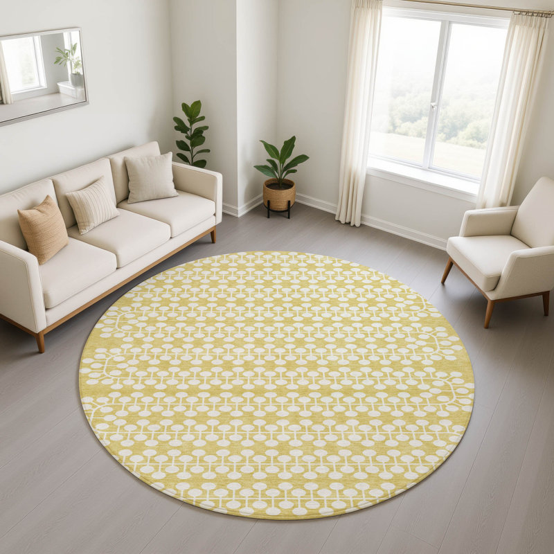 Premium Machine Washable Mayfield AMF2247 Geometric Rug, Gold, 8' Round
