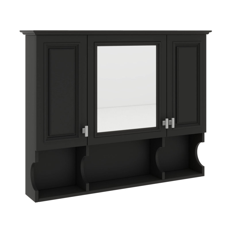 Armoire murale de salle de bain 35 po x 28 po avec trois portes en miroir et une étagère ouverte, unité de rangement pour médicaments