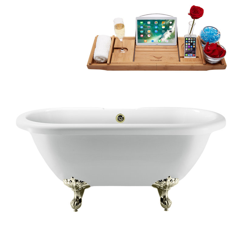 67" Streamline Clawfoot Soaking Acrylic Bathtub With Drain, Clawfeet, and Bamboo Tray, Brushed Nickel, Brushed Nickel