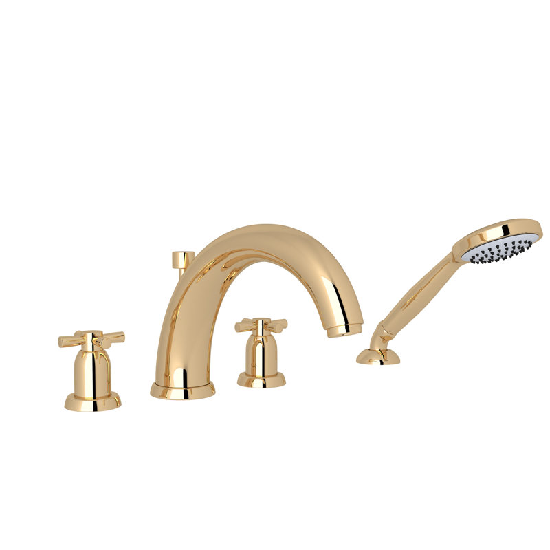 Holborn 4-Hole Deck Mount Tub Filler With U-Spout, English Gold, Cross Handle