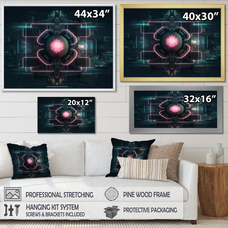 Abstrait futuriste lotus sur toile, H 16 po x l 32 po x P 1 po, Cadre flottant noir