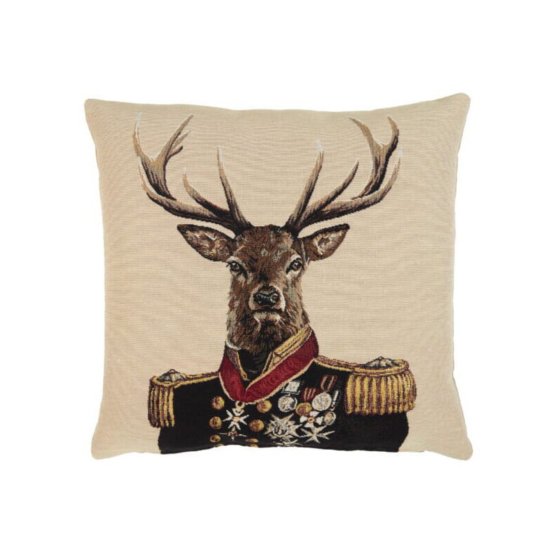 Admiral Stag Tapestry Cushion with Feather Filler , Beige