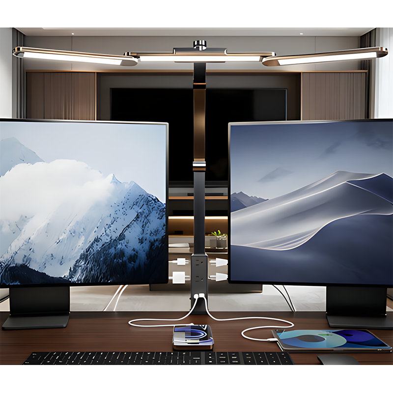 Lampe de bureau à DEL avec barrette d'alimentation intégrée, 6 prises de courant alternatif 2 ports USB, lumière architecte à pince, contrôle tactile et à onde, 5 couleurs de couleur à intensité variable pour un espace de travail de bureau à domicile