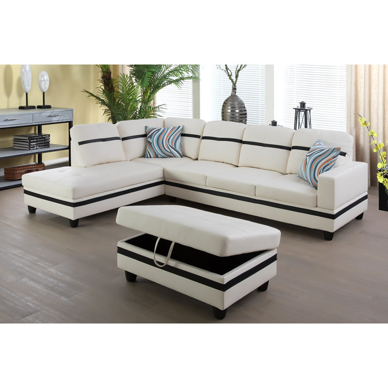 Brevard Faux Leather L-Shaped Sectional, Left Hand Facing, White with 2 Black Stripes