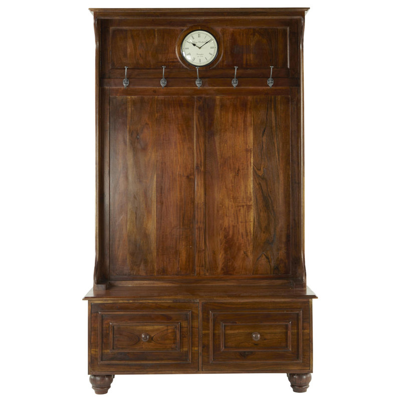 Wood Brown Coat Rack with Clock and Hooks