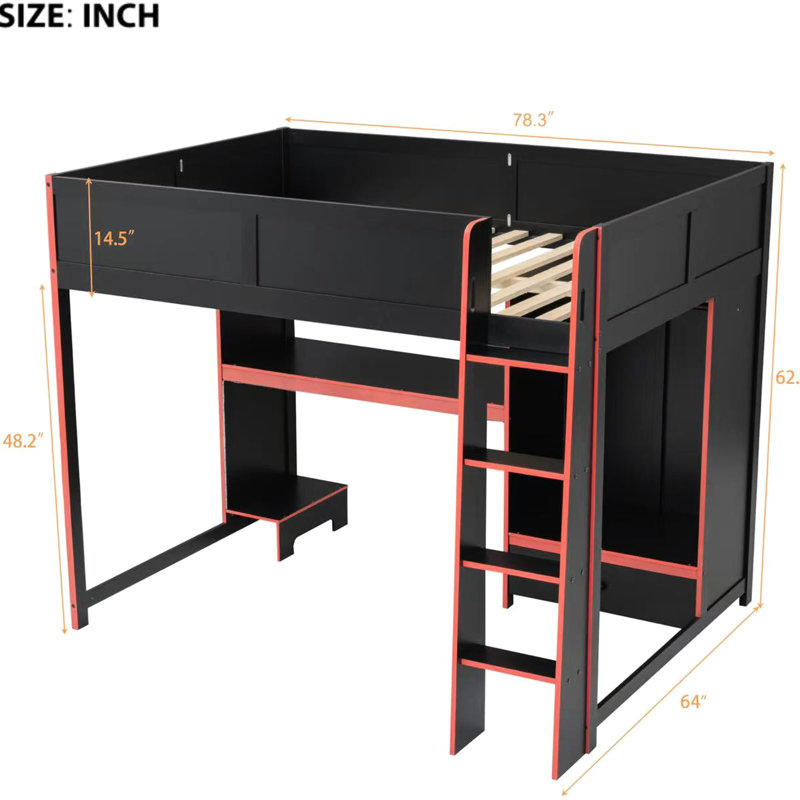 Lit double, lit mezzanine en bois, fini noir, bureau intégré, garde-robe, DEL, tiroir, rangement, expérience noir, peu encombrant, fonctionnel