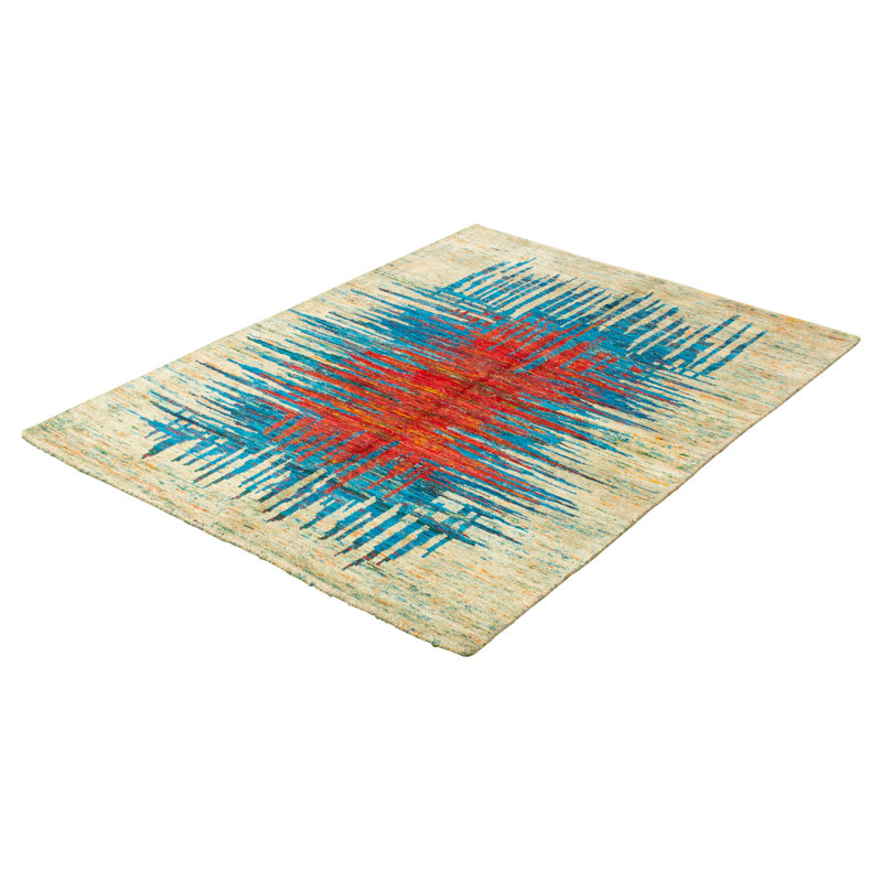 Tapis en soie rouge/bleu/ivoire 5 pi 7 po x 7 pi 11 po one-of-kind main-noué la 2010 Boxvale