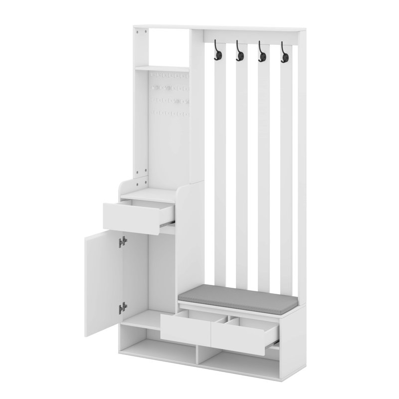 Arbre d'entrée avec banc de rangement rembourré, armoire à chaussures multifonctionnelle avec panneau perforé, 4 crochets