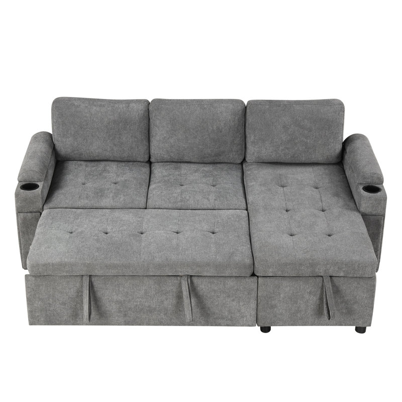 L-Shaped Convertible With Hidden Storage, Cup Holders, Ports, Gray Upholstery Sectional Ample Storage Space, Chenille For Home