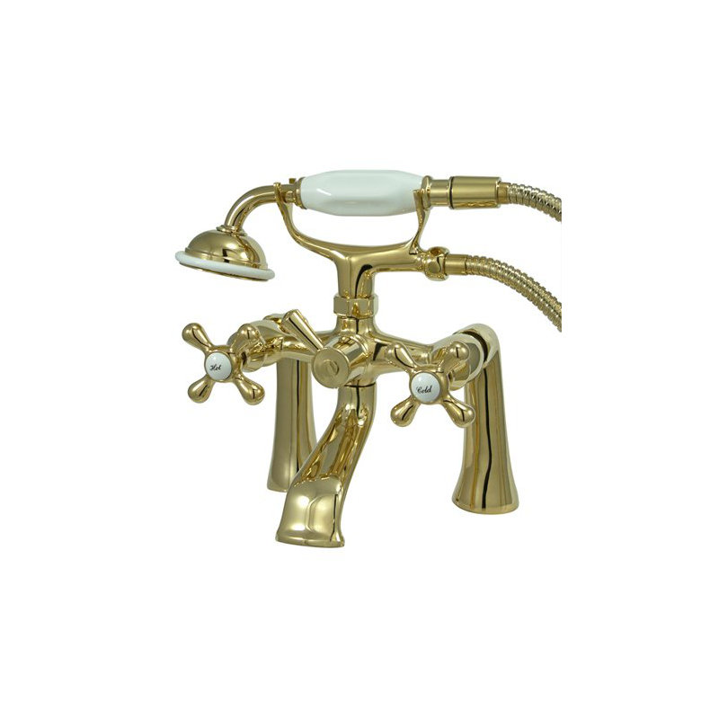 Triple Handle Wall Mounted Clawfoot Tub Faucet with Handshower, Polished Brass