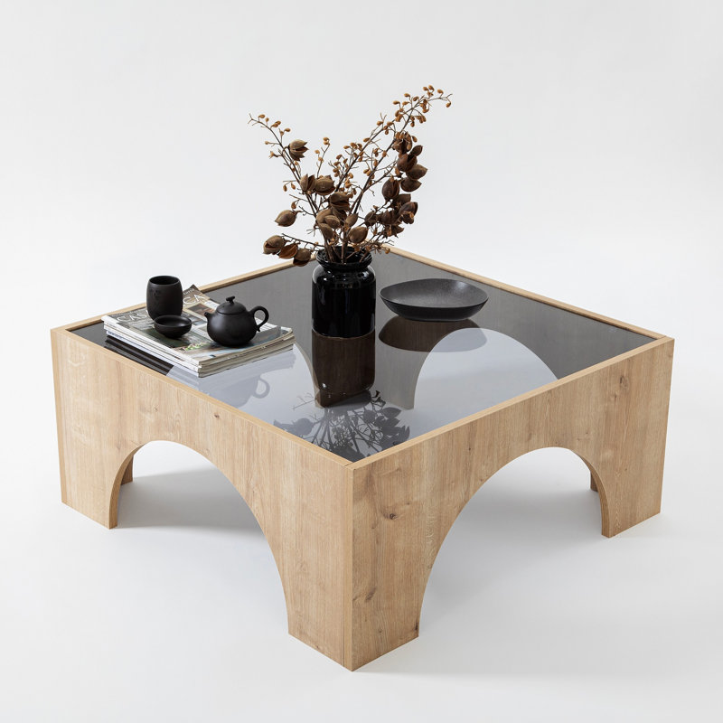 Table basse moderne avec plateau 100% verre trempé, finition gris foncé et chêne, 31,5 po x 13,8 po x 31,5 po | Structure en carton 100% mélaminé, bandes de chant en PVC | Design élégant et fonctionnel pour le salon et les espaces de détente