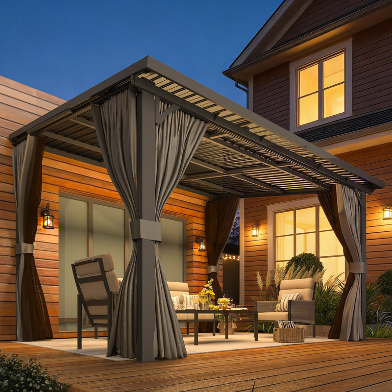 Outdoor Hardtop Metal Gazebo For Patio With Curtains And Mosquito Netting, 98.4" H x 144" W x 110.4" D, Gray/Beige