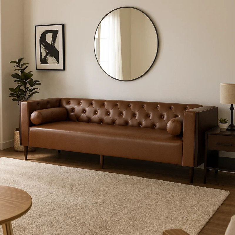 Biya Sofa, 3 Seater, 90 Inch, Tufted Brown Faux Leather, 2 Pillows, Brown