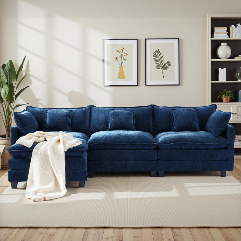 Chenille 3-Seat Sectional Sofa - Modular Deep Seat Sleeper Couch with Ottoman, Comfy Upholstered Furniture for Living Room, Apartment, Office"